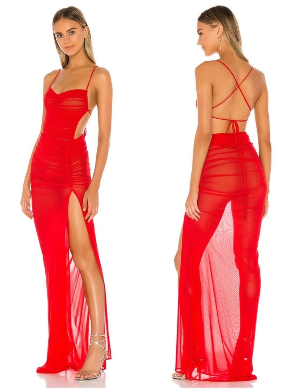 Michael Costello x Revolve Follie Red Mesh Ruched Side Slit Maxi Dress XL